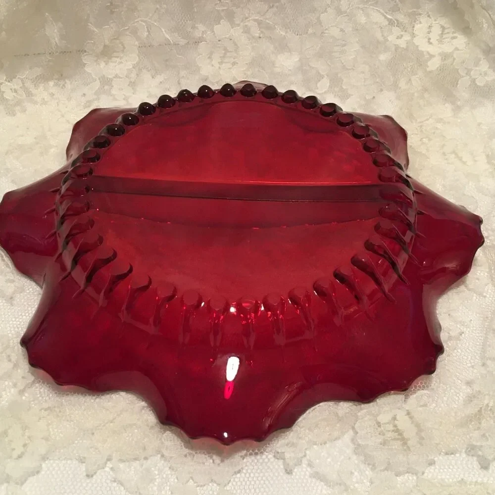 Vintage Ruby Red Divided Candy Dish Christmas Holiday Appetizer Plate 8
